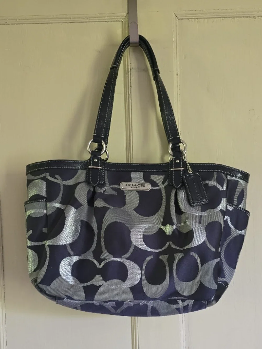 Coach Navy and Silver Signature Shoulder Bag